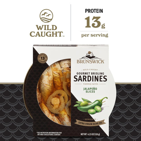 4.23 oz 13g Brunswick Wild Caught Gourmet Brisling Sardines in Extra Virgin Olive Oil Topped with Jalapeno Slices, Can