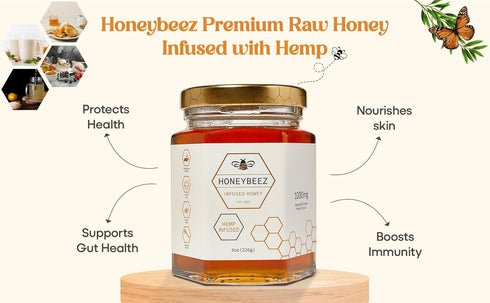 HoneyBeez 32mg 8oz) Premium Raw Honey Infused with Hemp- per serving (Natural