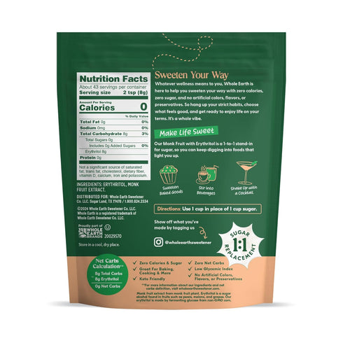 12 WHOLE EARTH Monk Fruit Sweetener with Erythritol, Plant-Based Sugar Alternative, Ounce Pouch