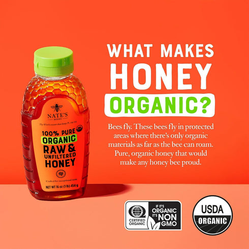 100% 32oz. Nate's Organic Pure, Raw & Unfiltered Honey - USDA Certified Organic - Squeeze Bottle