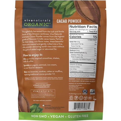 Viva Naturals 2lb Organic Cacao Powder, Unsweetened Cocoa Powder for Baking & Smoothies