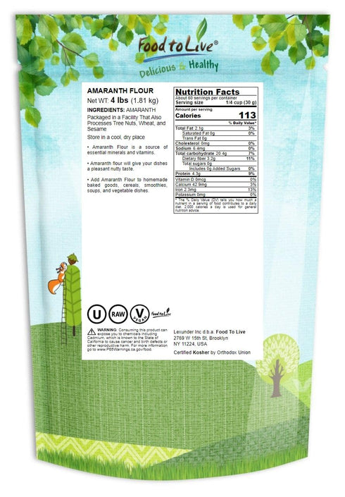 4 Food to Live Amaranth Flour, Pounds Finely Milled Whole Grains, Vegan, Kosher, Bulk. High in Dietary Fiber