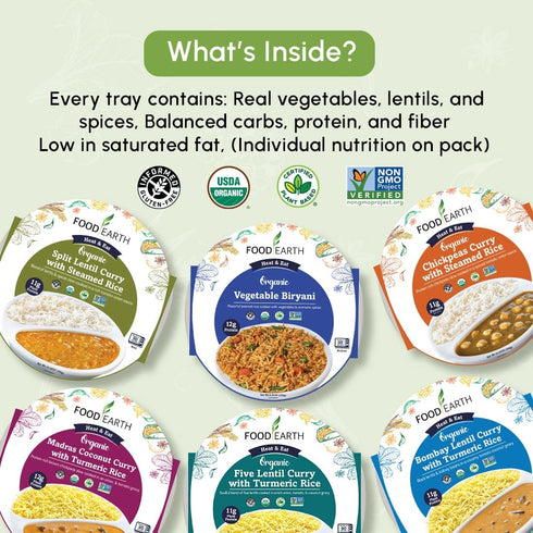 Pack Pack (6 Pack) Food Earth Ready to Eat Indian Meals Six Flavor Variety Organic, Microwavable, Premade & Quick Lunch