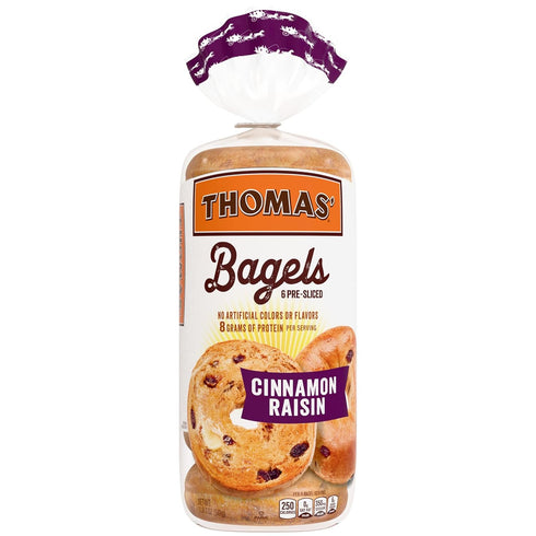 THOMAS' 6 count, (3.0 oz 8g 18 oz Cinnamon Raisin Bagels, each), Protein, Kosher Bagels, Bag