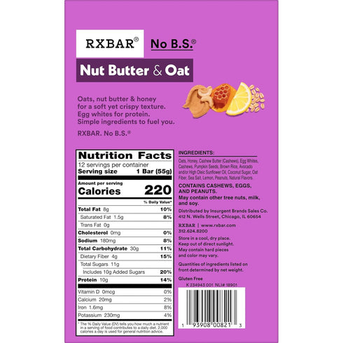 23.2oz (12 Count) RXBAR Nut Butter and Oat Protein Bars, Protein Snacks, Snack Bars, Lemon Honey Cashew Butter, Box
