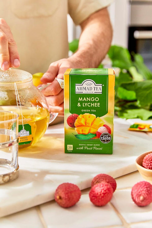 20 Count, Pack 6 Ahmad Tea Mango & Lychee Flavored Green Tea with Fruit Pieces