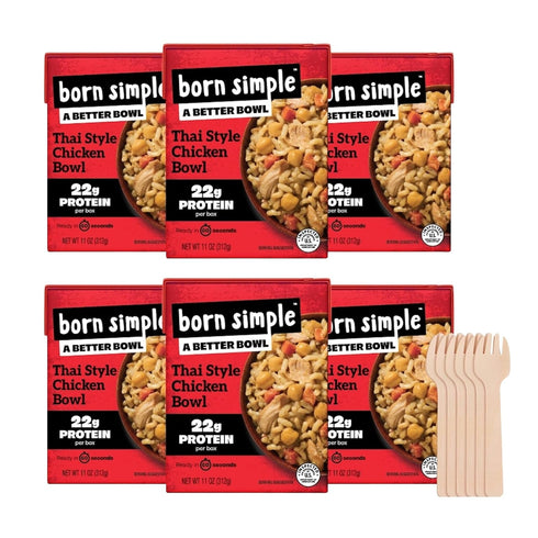 Born Simple Ready to Eat Meals with Sporks, Thai Style Chicken Bowl,