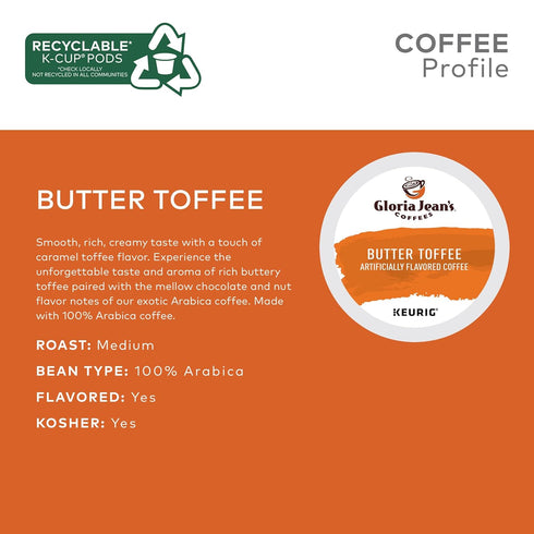 24 Count (Pack 1) Gloria Jean's Coffees Butter Toffee, Single-Serve Keurig K-Cup Pods, Flavored Medium Roast Coffee