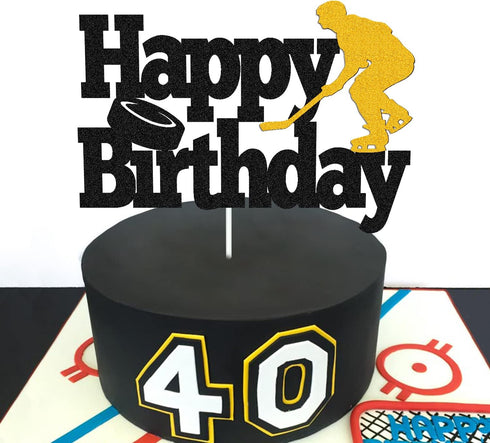 Hockey Cake Topper with Player Figurines - Happy Birthday Decor for Kids, Boys, Girls, Ice Hockey Party Supplies