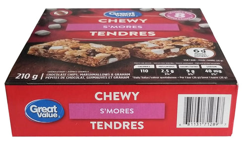 Great Value 8 210g/7.35 oz. Chewy S'mores Granola Bars, Bars, Box (Imported from Canada)