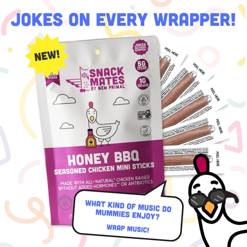 5g 35 40 Pack New Primal Snack Mates Honey BBQ Chicken Sticks, Healthy Snack for Kids, Low Sugar High Protein Back