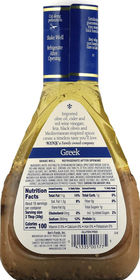 16 Oz (Pack 6) Kens Steakhouse Dressing, Greek Dressing with Feta Cheese & Black Olives, Gluten Free Dressing