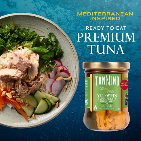 Pack 6 Tonnino Tuna Fish Yellowfin Pole&Line - Jalapeno in Olive Oil of Alternative to Salmon Protein Snacks Ready