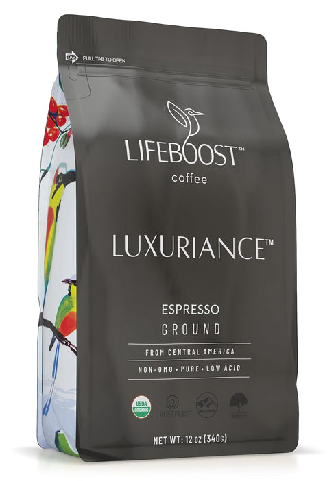 Lifeboost Organic Espresso Ground Coffee - Non-GMO Low Acid Single Origin USDA