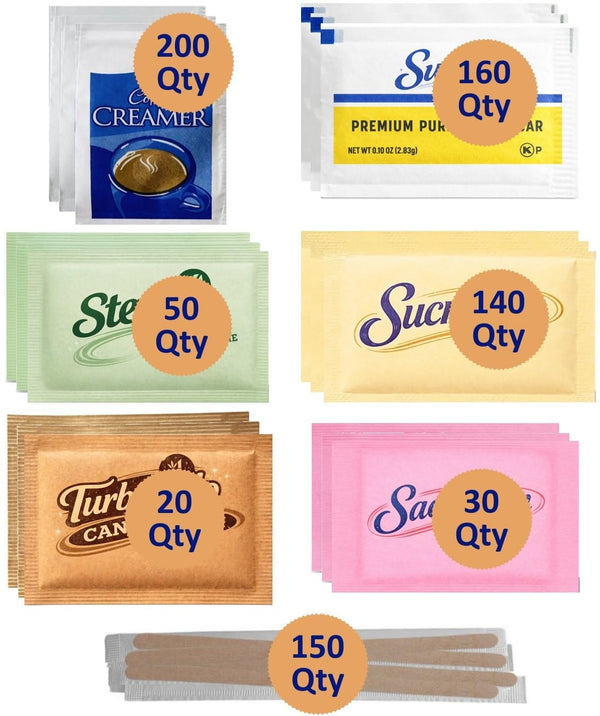 Coffee Station Essentials Plus 600 Coffee Packets + 150 Stir Sticks Sweetener