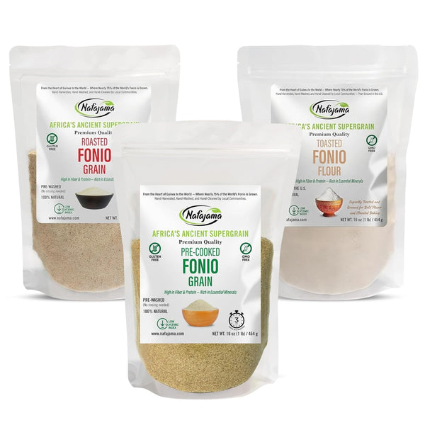 Nafajama Premium Fonio Variety 3 Packs-3lb, Pre-cooked Fonio Grain, Roasted Fonio Grain