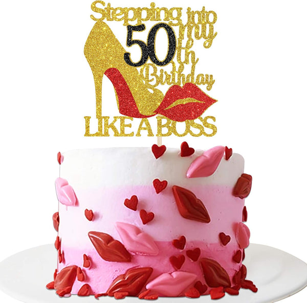 INNORU Gold Red Glitter Stepping into 50 Cake Topper, 50th Birthday Cake Decor for Happy Birthday Party