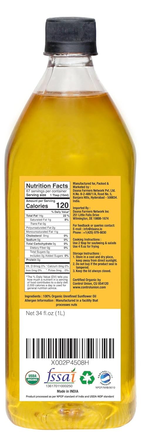 (34 oz) (Pack 1) Daana Sunflower Oil: Certified USDA Organic, Extra Virgin, Cold Pressed, High Oleic, Non-GMO. Healthy
