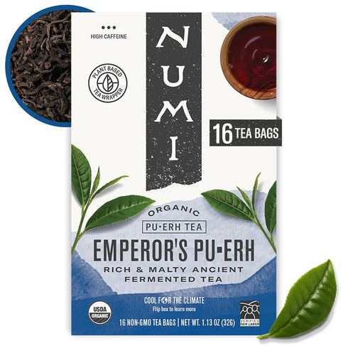 Numi Organic Emperor's Pu-erh Tea, Aged Fermented Yunnan Black Tea, 16 Tea Bags, Caffeinated (Packaging May Vary)