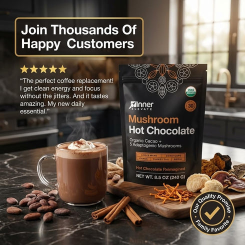 5 (30 Inner Elevate Mushroom Hot Chocolate Superfood - Ceremonial Cacao with Mushrooms (Lion's Mane, Cordyceps, Chaga