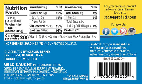 22g 3's 4.37 Oz, 12-Pack Season Sardines in Sunflower Oil - Wild Caught, of Protein, Keto Snacks, More Omega Than Tuna