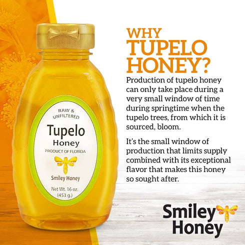 (16 oz) Smiley Honey, Premium Tupelo Honey Raw and Unfiltered, Higher Quality, Darker, Higher Tupelo Content