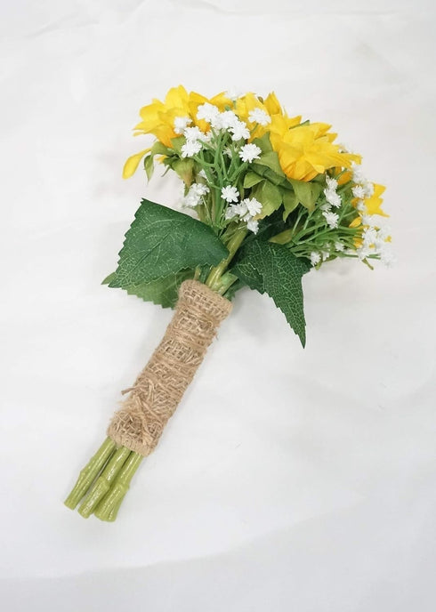 SweetHomeDeco (Yellow-6''W Silk Sunflower Baby's Breath Mixed Wedding Bridal Bridesmaid Bouquet Boutonniere for All