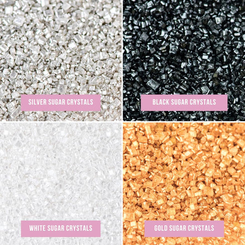 4-Pack 4.52 oz Sweets Indeed Metallic Sugar Crystals | Black, Gold, Silver & White Sparkling Sugars in Individual Jars