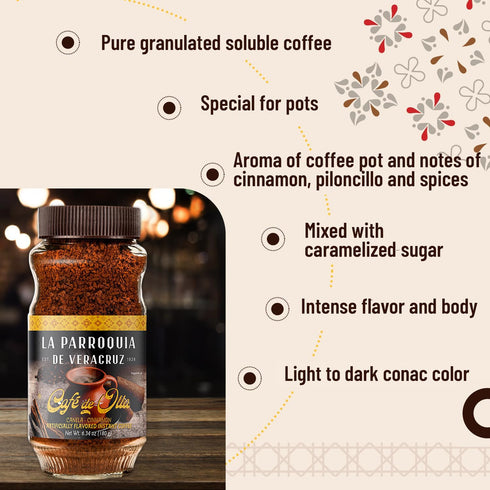LA PARROQUIA DE VERACRUZ Pot Coffee 6.34 oz, Soluble Granulated Coffee with Caramelized Sugar, Cinnamon, Piloncillo,