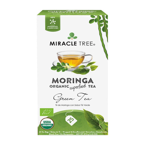Miracle Tree Organic Moringa Superfood Tea, 25 Individually Sealed Tea Bags, Green Tea, Vegan