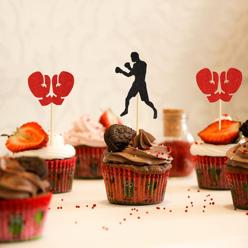 48Pcs Black Red Glitter Boxing Gloves Cupcake Toppers - Boxer Birthday Party Decorations, Fitness Cupcake Picks