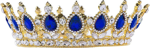 Rhinestone Cake Topper Crown - Fancy Party Cake Decoration for Princess and Prince (Gold-Blue)