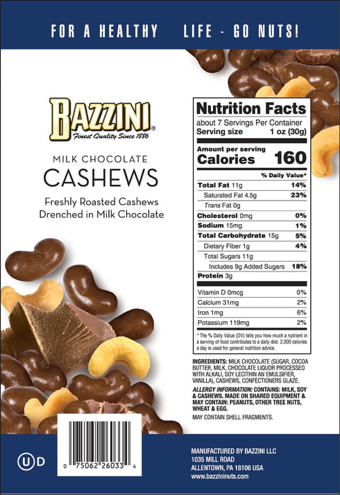 1886 (7oz Bazzini Milk Chocolate Cashews, Gourmet Cashews Coated in Rich Milk Chocolate, Kosher, Since Gourmet Nut