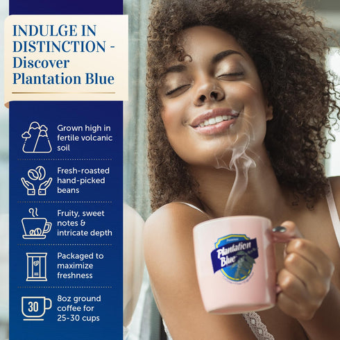 100% (8oz) PREMIUM PLANTATION BLUE TRADITION CLASS EXPERIENCE Blue Mountain Coffee Jamaica, Medium Roasted & Ground