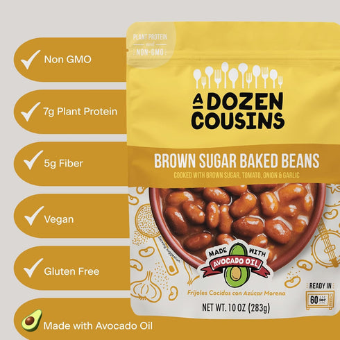 Dozen 10oz (6-Pack) A Cousins Brown Sugar Baked Beans Prepared Food Pouch, Ready to Eat Meal in Seasoned Avocado Oil