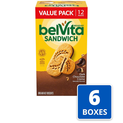 Pack, 72 Packs, 6 (2 Pack) belVita Breakfast Sandwich Dark Chocolate Creme Breakfast Biscuits, Value Total Boxes