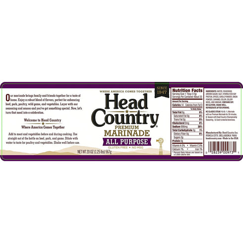 Head Country Premium Marinade (20 Ounce) - Gourmet, Vegetarian, Gluten-Free, No MSG, Great for Grilling