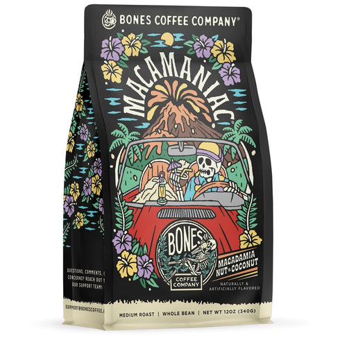 Bones Coffee Company Macamaniac, Macadamia and Coconut Flavored Coffee, Medium Roast Low
