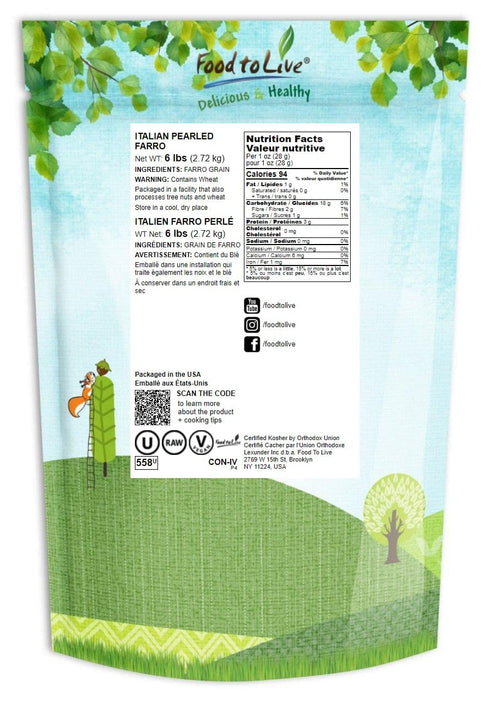 6 Food to Live Pearled Farro Grain, Pounds - Italian Whole Grain, Good Source of Dietary Fiber, Protein and Iron