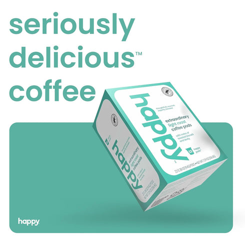 22 count, happy coffee light roast coffee pods, notes of toasted biscotti and levity, compatible with most K-cup