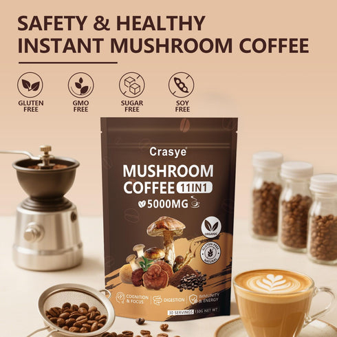 11 Immunity 5.3 Oz 30 Organic Mushroom Coffee Superfood Instant Mushrooms Coffee with Ashwagandha, Shilajit, Lion's