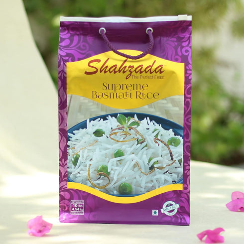 10 Lbs Shahzada Supreme Basmati Rice Extra Long Grain, Non-Sticky, Non GMO, Vegan, Gluten Free, No Cholesterol, Low
