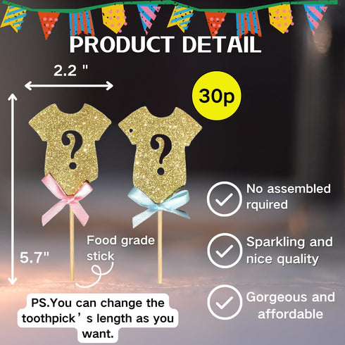 ALISSAR 30-pack Glitter Gender Reveal Cupcake Toppers, Baby Shower Party Decoration Supplies for Boy or Girl