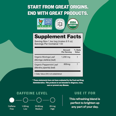 FGO Organic Moringa Mint Tea, 100 Count, Eco-Conscious Herbal Tea Bags, Caffeine Free, Resealable Bag (Pack of 1)