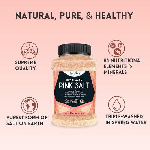 5 lbs HERBION Naturals Himalayan Pink Salt Jar Fine Grain, GMO Free, Supreme Quality Chemical Free, Vegan, Kosher