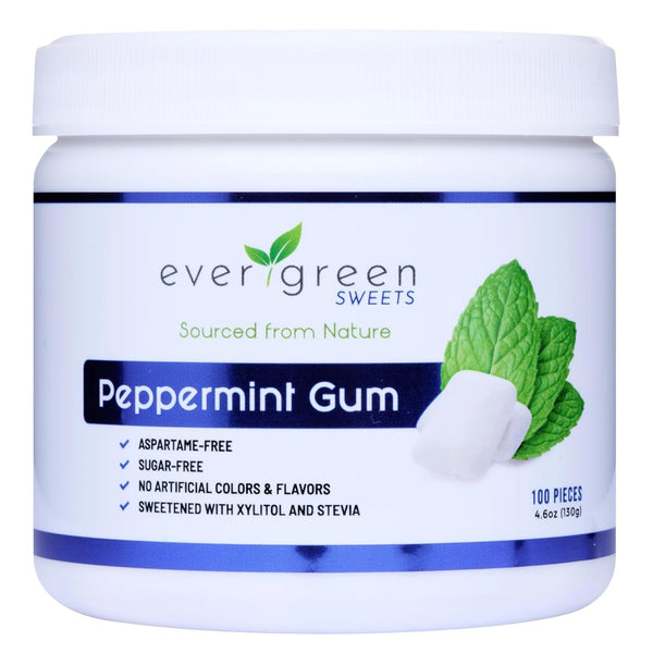 Evergreen Sweets Chewing Gum, 100 Count Jar - Natural Peppermint Gum, Sugar-Free, Aspartame Free, Vegan