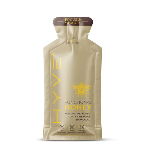 15 Packets HYVE Mind Functional Honey Focus & Memory Organic Honey with Lion's Mane Mushrooms, Raw Cacao, Bee Pollen