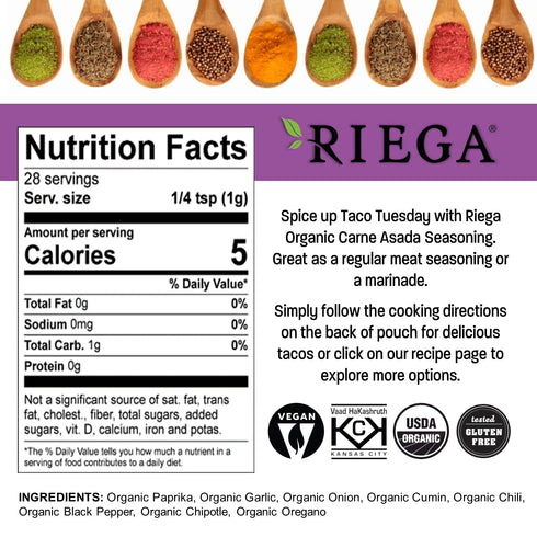 Riega Organic Carne Asada Street Taco Seasoning, 1 Ounce (Pack of 8), Perfect for Taco Tuesday