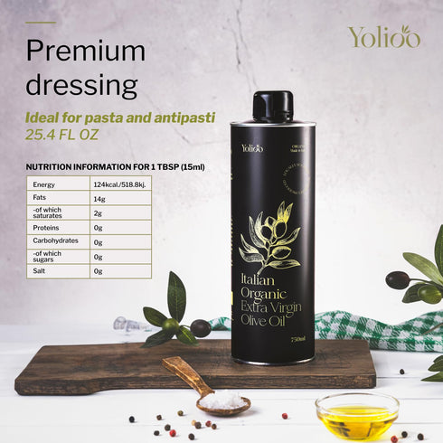 Yolioo 100% (26.4oz) Italian Organic Olive Oil Extra Virgin | Polyphenol Rich Extra Virgin Olive Oil Cold Pressed EVOO