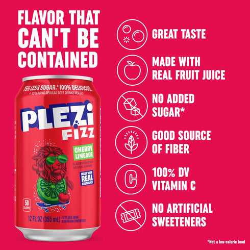 12 Oz (12 Pack) PLEZi FiZZ Cherry Limeade Sparkling Juice - Healthy Soda Alternative with Real Fruit Juice, No Added